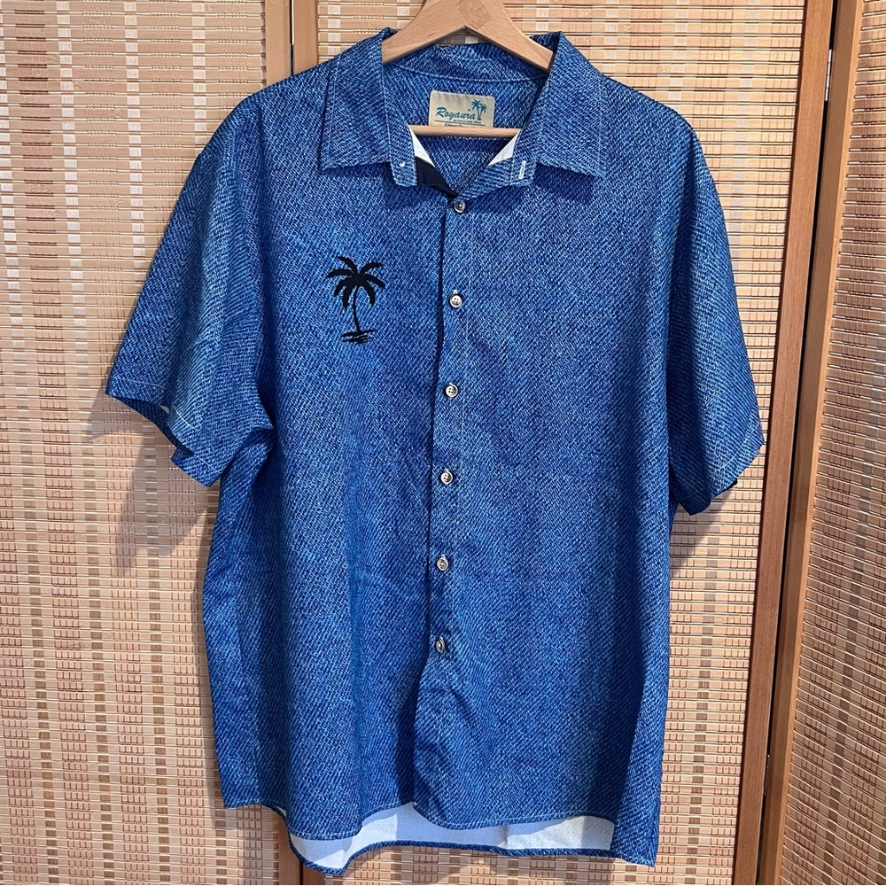 Royaura Mens Hawaiian Short Sleeve Button Up Shirt Blue Palm Tree Size XL